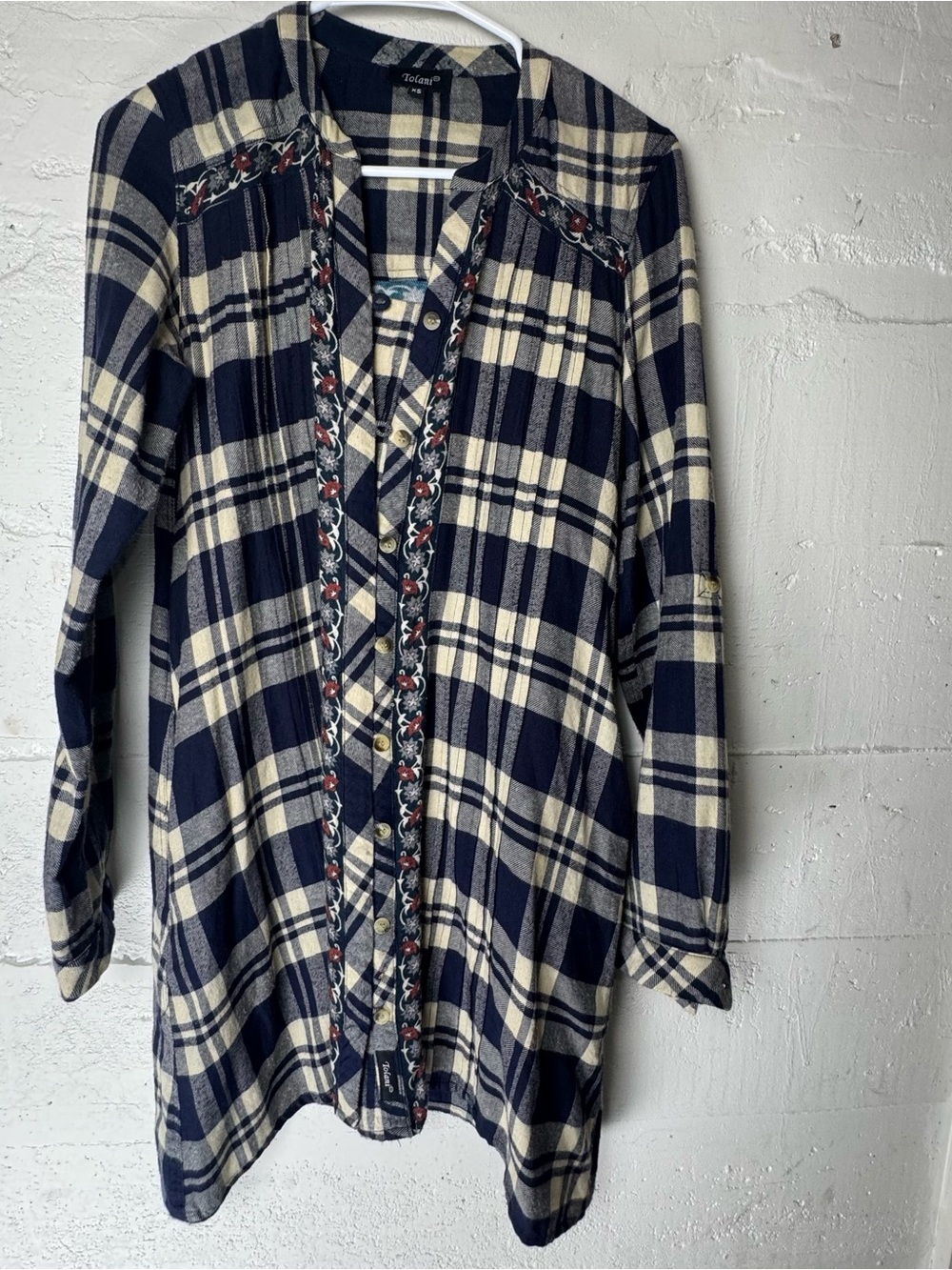 Tolani Anthropologie Plaid Floral Flannel Tunic / Dress Size XS Navy Swing Top